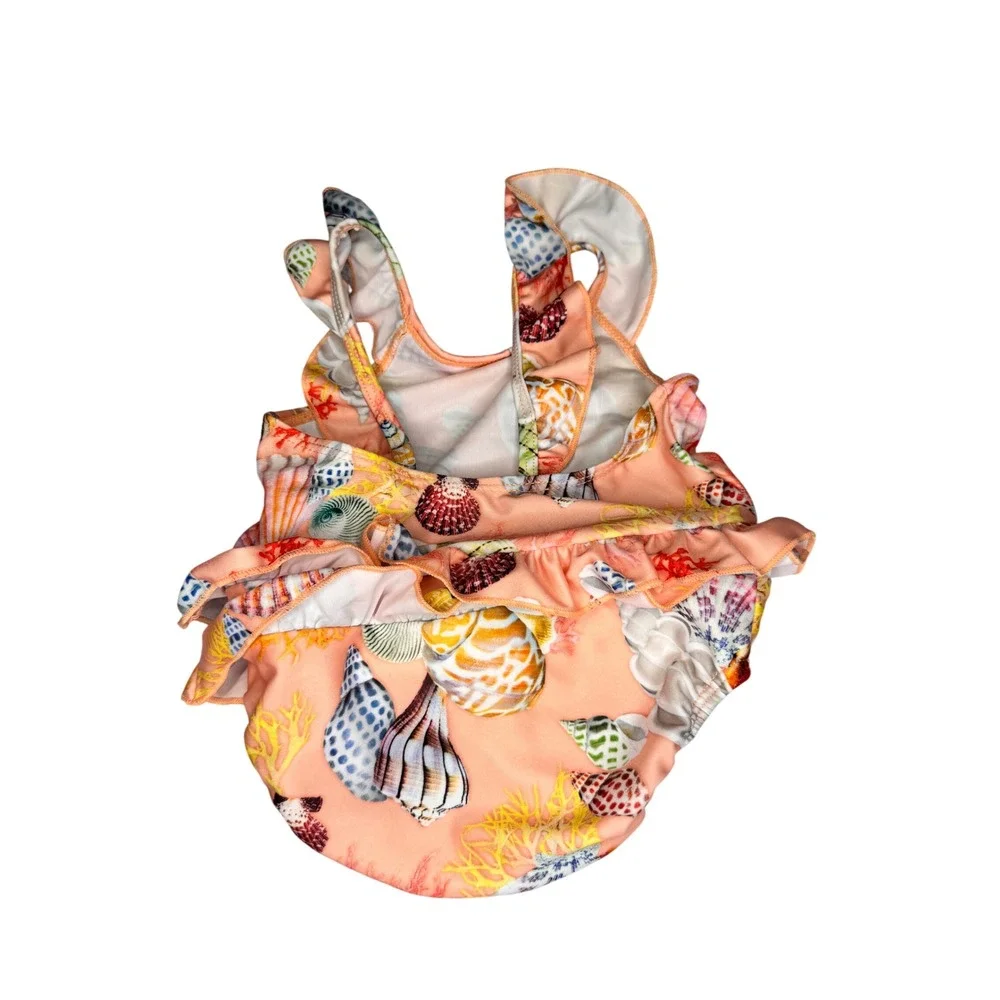 Molo Baby Girl Nakia Sea Treasure One Piece Swimsuit Orange Seashell Ruffle 3-6M